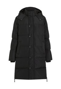 Abrigo largo negro de plumas con un alto cuello, cierre de cremallera y a presión, bolsillos laterales y puños acanalados. Tejido liso e insulated.