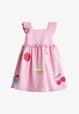 Roosa-valge ruuduline beebitüdruku kleit, millel on volangiga varrukad, laineline ääreosa ja tikandiga maasikas, jäätis, kook, muffin ja kirsid.