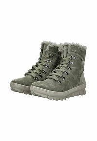 Olivově zelené semišové kotníkové boty s kožešinovým lemem, kovovými lace eyelets a robustní gumovou podrážkou pro lepší trakci. Funkční boční zip.