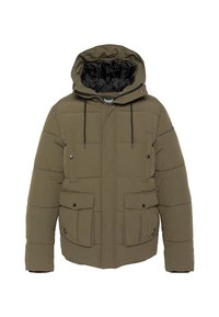 Kurtka puchowa w kolorze oliwkowej zieleni z kapturem, wyposażona w boczne i kieszenie na piersi, czarny zamek błyskawiczny oraz regulowane ściągacze. Teksturowany pikowany materiał.