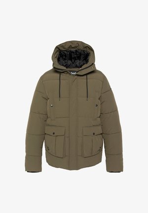 Kurtka puchowa w kolorze oliwkowej zieleni z kapturem, wyposażona w boczne i kieszenie na piersi, czarny zamek błyskawiczny oraz regulowane ściągacze. Teksturowany pikowany materiał.