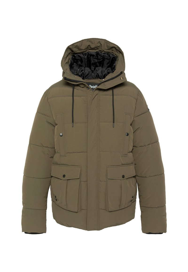 Kurtka puchowa w kolorze oliwkowej zieleni z kapturem, wyposażona w boczne i kieszenie na piersi, czarny zamek błyskawiczny oraz regulowane ściągacze. Teksturowany pikowany materiał.