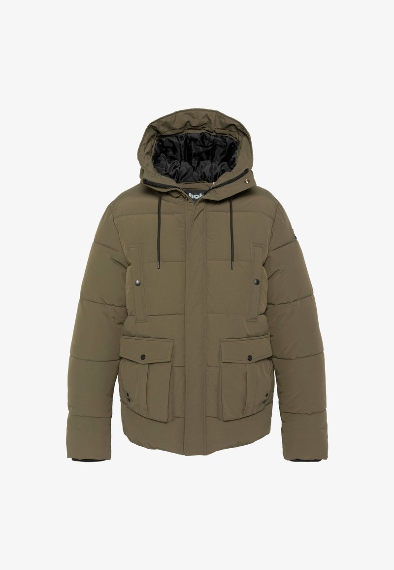 Kurtka puchowa w kolorze oliwkowej zieleni z kapturem, wyposażona w boczne i kieszenie na piersi, czarny zamek błyskawiczny oraz regulowane ściągacze. Teksturowany pikowany materiał.