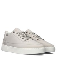 Lichtgrijze leren sneakers met een gladde textuur, ronde neus en een witte rubberen zool. Voorzien van grijze veters en subtiele stikdetails.