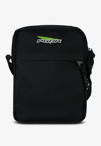 Borsa a spalla in tessuto nero con superficie texture, caratterizzata da una tasca frontale con zip e un logo verde e bianco sulla parte anteriore.
