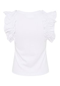 T-shirt bianco in cotone con maniche corte a volant, scollatura rotonda e silhouette aderente. Texture liscia e design semplice.