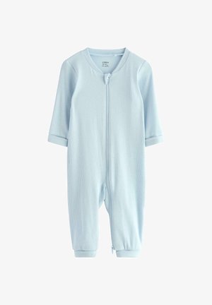 Jasnoniebieski bodziak dla niemowląt wykonany z prążkowanej tkaniny, z długimi rękawami, zamek błyskawiczny z przodu oraz mankietami w nadgarstkach i kostkach.