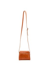 Borsa a tracolla in pelle color tan con chiusura a pattina, tracolla sottile e dettagli di cucitura sottili. Forma rettangolare compatta, texture liscia.