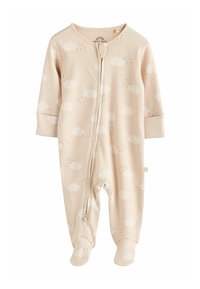 Ljusrosa babydräkt i mjuk bomull. Har dragkedja fram, lång ärm, fotsydd design och ett molnmönster med små prickar.