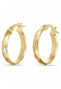 Guldörhängen med en vriden design. Polerad yta, rund form och säker låsning. Slät och reflekterande finish.