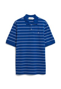 Blaues Poloshirt mit weißen horizontalen Streifen, kurzen Ärmeln und einem Kragen. Verfügt über ein kleines Logo auf der linken Brust. Hergestellt aus Baumwolle.