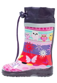 Bottillons de pluie en caoutchouc colorés avec un motif floral et de hiboux, un haut violette, un système de fermeture par cordon et une semelle noire texturée.