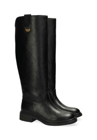 Vysoké černé kožené boty s hladkým povrchem, zaoblenou špičkou, blokovým podpatkem a poutkem na vrchu pro snadné obutí. Jednoduchý a funkční design.