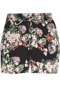 Černé šortky s živým květinovým potiskem růžových květů a zeleného listí. Elastický pas s šňůrkou na stažení.