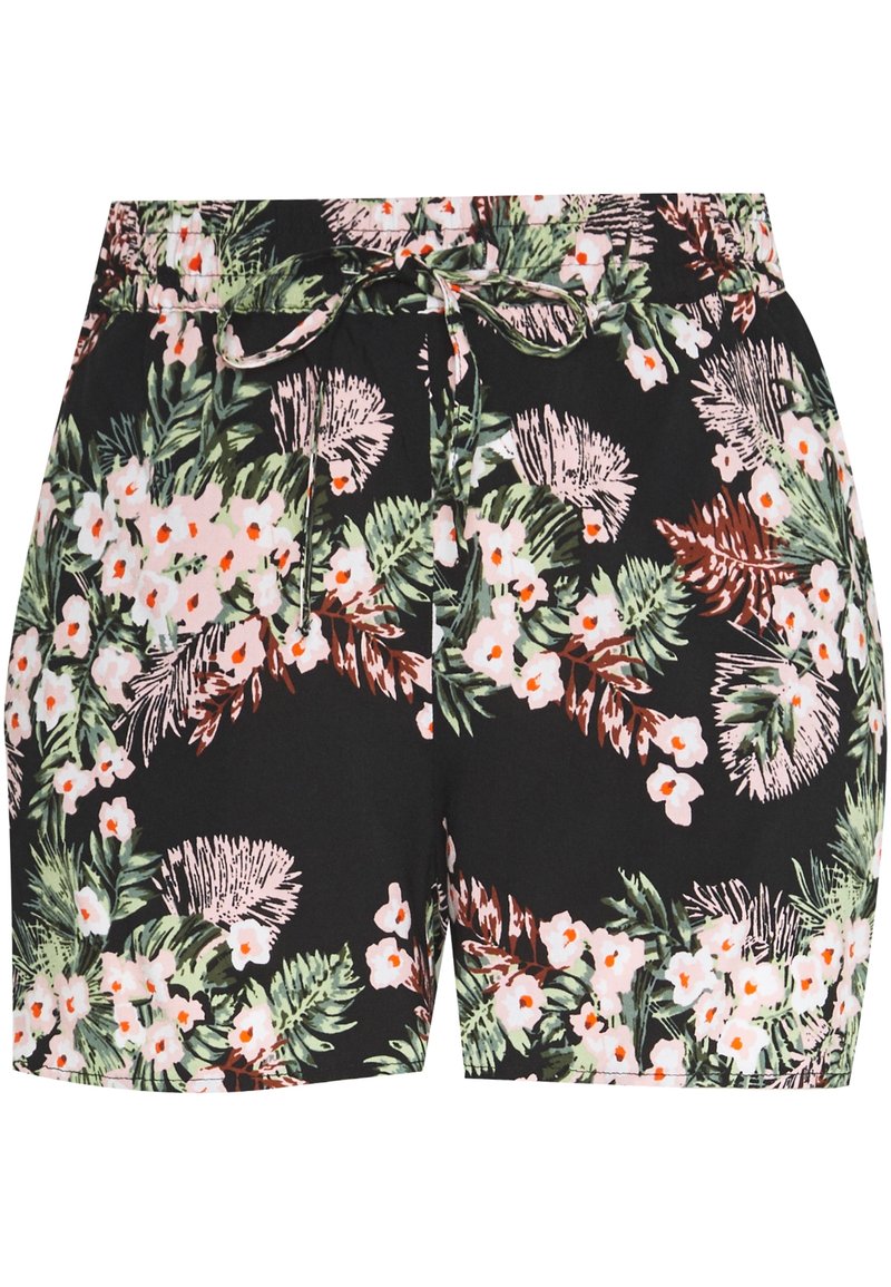 Černé šortky s živým květinovým potiskem růžových květů a zeleného listí. Elastický pas s šňůrkou na stažení.