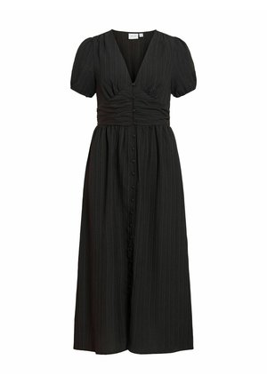 Robe midi noire avec manches courtes bouffantes, encolure en V, taille froncée et boutons recouverts de tissu sur le devant de la jupe.