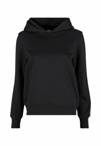 Czarna bluza z kapturem wykonana z miękkiego materiału. Posiada luźny krój, długie rękawy oraz ściągacze na mankietach i dole. Minimalistyczny design, bez grafik.