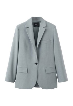 Single-button light gray blazer with notch lapels, two front flap pockets, and one chest welt pocket, made by MNG brand.