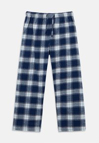 Tengerészkék és világoskék kockás pizsamában lévő puha anyagból készült, rugalmas derékpánttal és húzózsinóros állítással rendelkező nadrág. Széles szárú fazon.