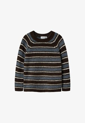 Maglione lavorato a maglia con strisce marroni, blu e bianche; collo rotondo, maniche lunghe, materiale in lana testurizzata e orlo e polsini a costine.