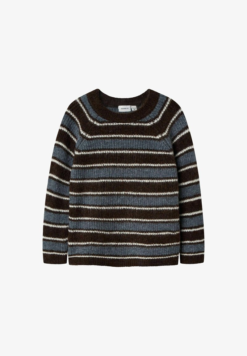 Pleten pulover v rjavih, modrih in belih črtah; okrogla ovratnika, dolgi rokavi, tekstilni volneni material ter rebrast rob in manšete.