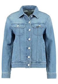 Ljusblå denimjacka med klassisk krage, knappstängning framtill, två bröstfickor och stickade detaljer, med silvertonade metalldetaljer.