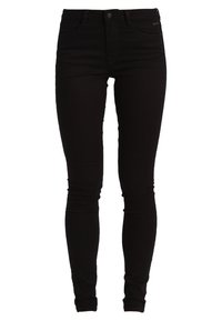 Svarta smala jeans i denim, med en klassisk femficksdesign, bälteshällor och dragkedja med knappstängning.