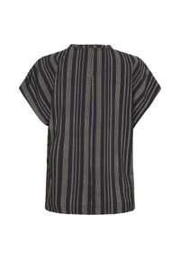 Blouse noire à manches courtes avec des fines rayures blanches verticales en pointillé et un col froncé, vue de dos.