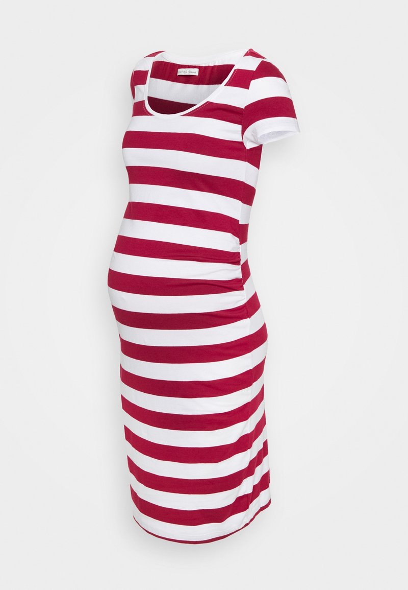 Red and white horizontally striped maternity dress with short sleeves and ruching on the sides for stretch and comfort.