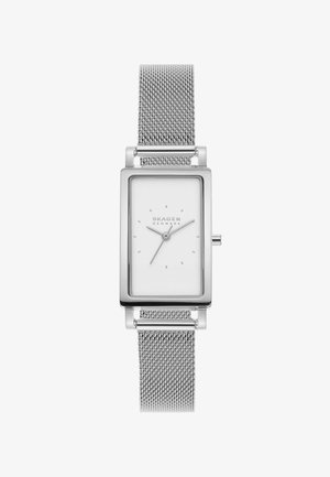 Rechteckige silberne analoge Armbanduhr mit weißem Zifferblatt, minimalen Stundenmarkierungen, drei Zeigern und silbernem Mesh-Armband von Skagen Denmark.