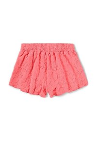 Korallrosa shorts med elastisk midjeband, med ett texturerat mönster av cirklar och tryckta bokstäver. Mjuk tyg med avslappnad passform.