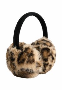 Faux fur ear muffs with a leopard print pattern, featuring a black fabric headband and soft, plush textures for warmth.