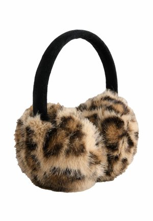 Faux fur ear muffs with a leopard print pattern, featuring a black fabric headband and soft, plush textures for warmth.