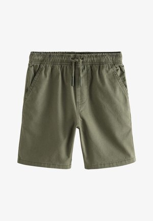 Oliven grønne afslappede shorts med elastisk linning, snøre og sidelommer, vist på hvid baggrund.