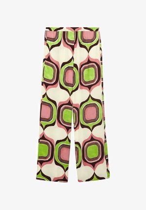 Široké nohavice s potlačou, ktoré obsahujú abstraktné tvary v ružovej, zelenej a hnedej farbe na krémovom pozadí, vyrobené z mäkkého, ľahkého materiálu.