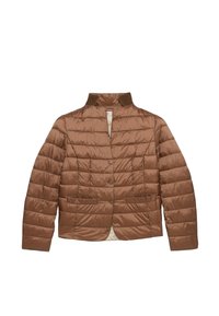 Braune gesteppte Jacke mit hohem Kragen, Knopfverschluss und zwei Fronttaschen. Leichtes Material mit horizontalem Steppmuster.