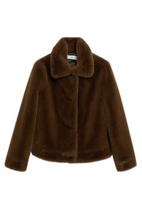 Brązowa kurtka z sztucznego futra z kołnierzem, zapięciem na guziki, długimi rękawami i miękką teksturą. Posiada zaokrąglony dół.