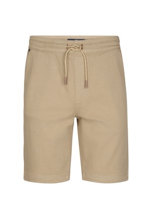 Beige Shorts mit elastischem Bund, Kordelzugverschluss und Metallenden. Verfügt über seitliche Taschen und einen glatten, leichten Stoff.