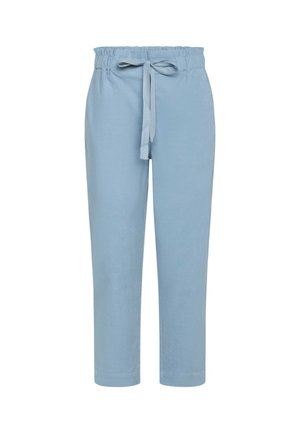 Pantaloni azzurri a vita alta realizzati in tessuto morbido, con cintura elastica e fiocco, gambe dritti, design semplice e minimalista.