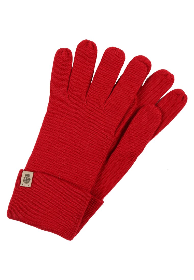 Rote gestrickte Handschuhe mit einem gerippten Bündchen. Besitzen fünf separate Fingerabschnitte und ein kleines Markenetikett am Bündchen. Weicher Textil.
