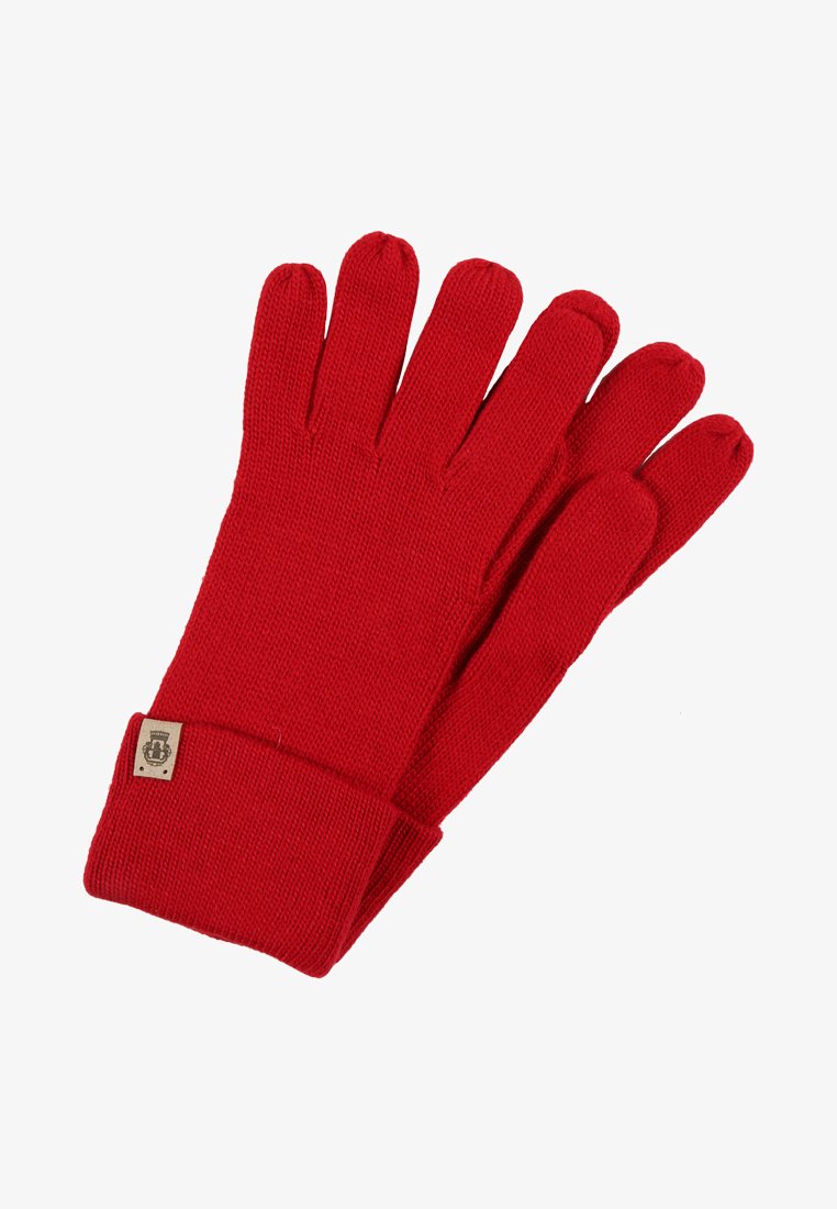 Red knitted gloves with a ribbed cuff. Features five separate finger sections and a small branded tag on the cuff. Soft texture.