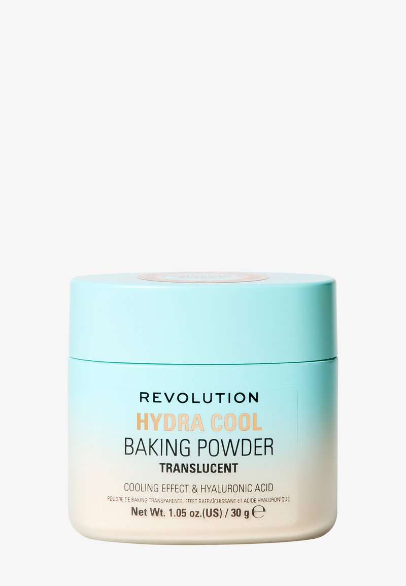 Translucent bakepulver i en gradient fra mintgrønn til lys beige plastkrukke. Har et flatt lokk med merkenavn og produktdetaljer på framsiden.