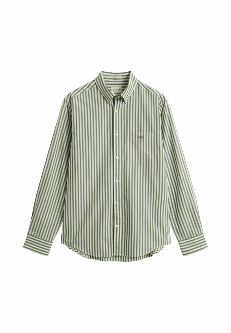 Camicia a maniche lunghe con bottoni, a righe verticali verdi e bianche, con tasca sul petto e piccolo ricamo del logo.