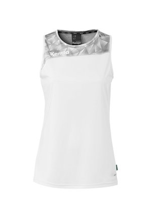 Weißes ärmelloses Sporttop für Damen mit grauem geometrischem Muster auf den Schultern und "Kempa"-Logo auf der Brust.
