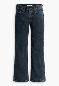 Jean en denim foncé avec cinq poches, fermeture par bouton et zip, jambes légèrement évasées, posé à plat sur un fond blanc.