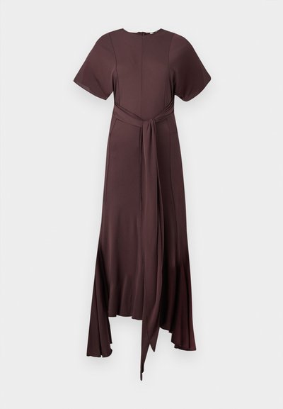 Maxi dress in dark brown, featuring short sleeves, a cinched waist with a tie, and a flowing lower half. Smooth, lightweight fabric.