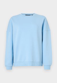 Sweat-shirt bleu clair en coton doux. Dispose d'un col rond, d'une coupe à épaules tombantes, et de poignets et ourlet côtelés. Simple et minimaliste.