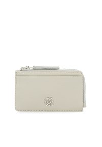 Light gray leather wallet with a smooth texture, featuring a zip closure and embossed logo on the front. Compact rectangular design.