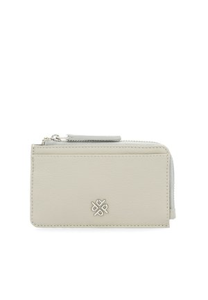 Light gray leather wallet with a smooth texture, featuring a zip closure and embossed logo on the front. Compact rectangular design.
