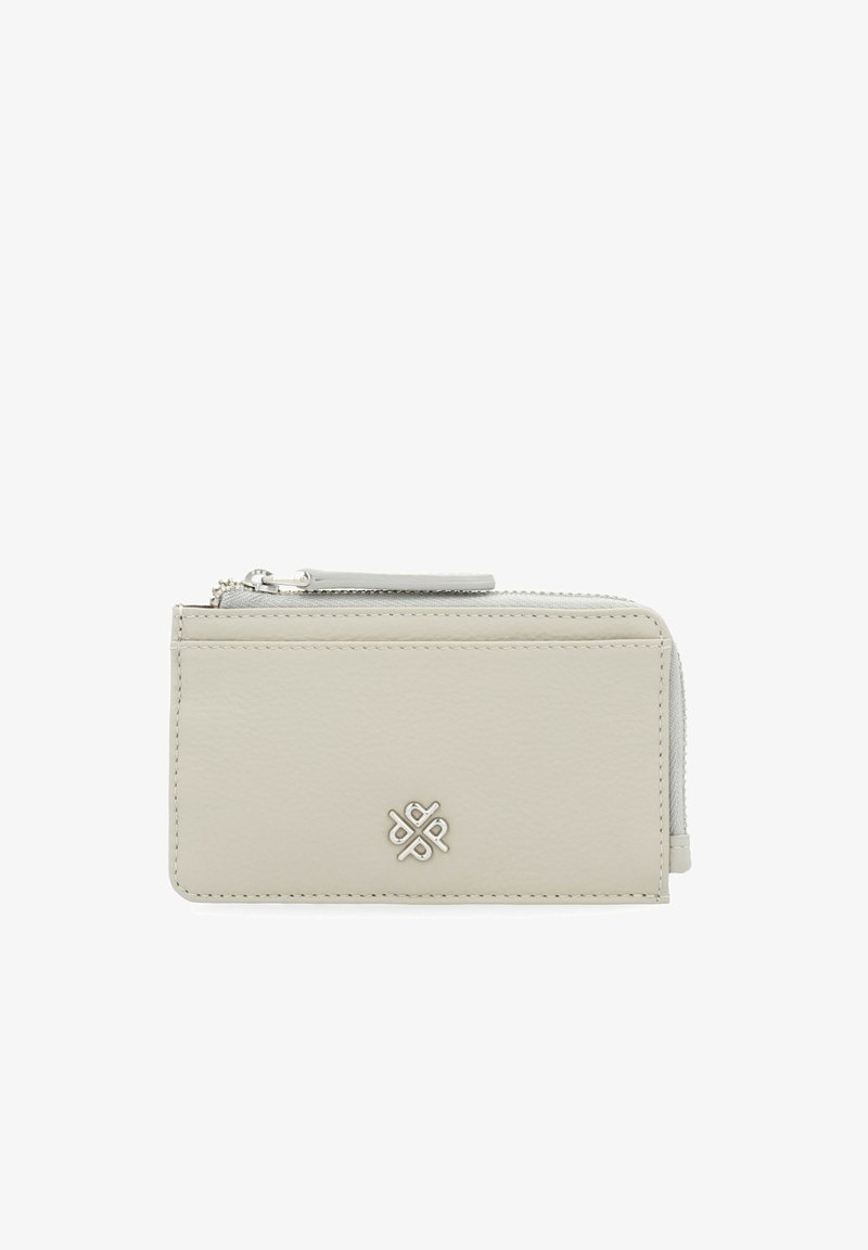 Light gray leather wallet with a smooth texture, featuring a zip closure and embossed logo on the front. Compact rectangular design.